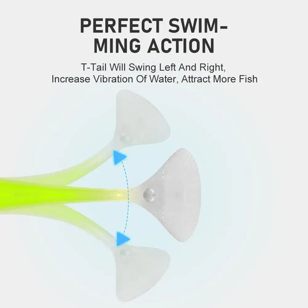 Neon green paddle tail swimbait with T-tail fins and lead head treble hook