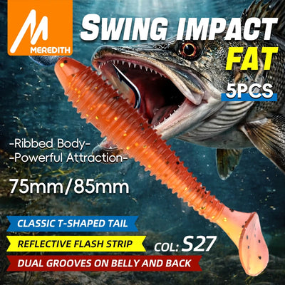 Meredith paddle tail soft plastic 5-pack, orange ribbed body with speckles, hooked paddle.