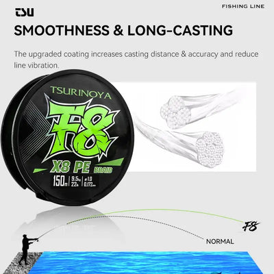 Green PE braided fishing line spool with line-casting promotional graphic