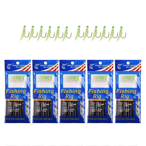 Luminous mackerel-fish-skin fishing rigs, five hooks with lime heads and five blue blister packs.