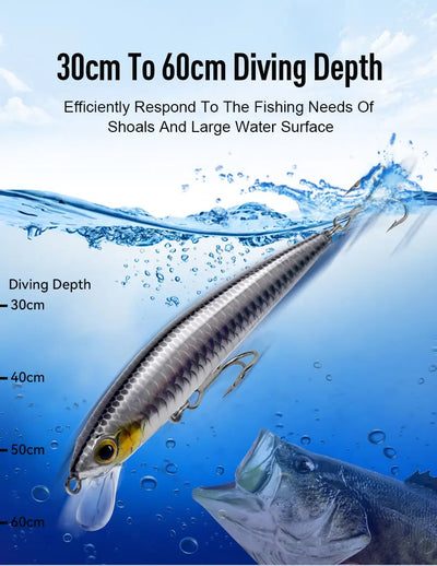 Silver suspending minnow lure diving underwater with splash and bubbles, treble hooks visible