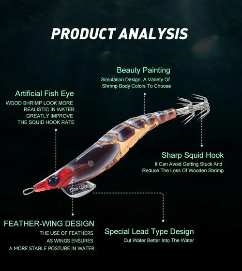 Squid jig lure with feather-wing tail and sharp metal squid hook, red-and-brown body