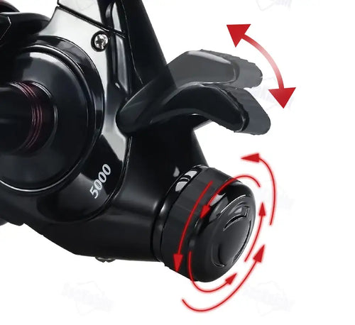 Spinning reel drag knob and handle mount with red adjustment accents