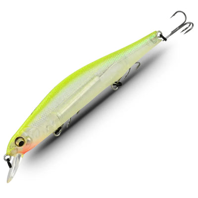 Lime green minnow fishing lure with treble hooks and glassy translucent body