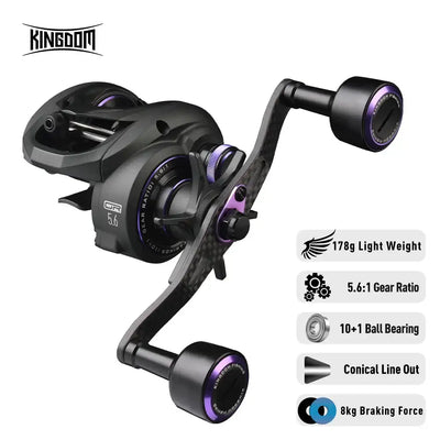 Black baitcasting fishing reel with long handle, purple spool rings, and carbon side cover