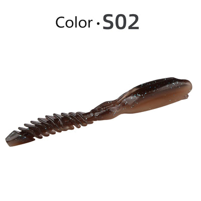 Dark brown translucent silicone worm lure with ridged tail and lighter speckled accents