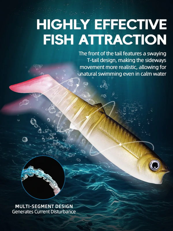 Lifelike paddle tail swimbait in pale yellow with dark eye and translucent body.