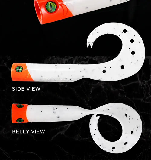 White silicone swimbait trailer shown from side and belly views, orange head