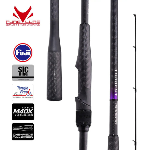 Black spinning fishing rod showing carbon blank sections and Fuji SIC guide rings
