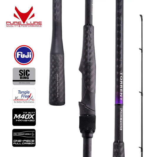 Black spinning fishing rod showing carbon blank sections and Fuji SIC guide rings