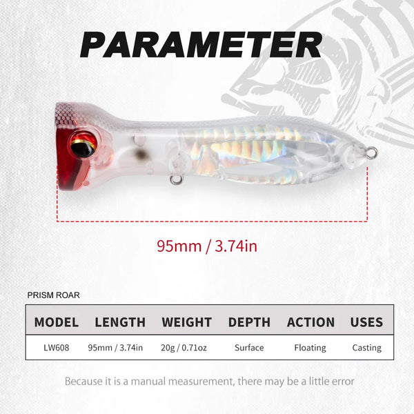 Floating lure side view, prismatic clear body with red front, 95mm, treble hooks