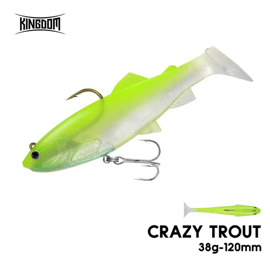 Neon green and white paddle tail soft swimbait with lead head and treble hook
