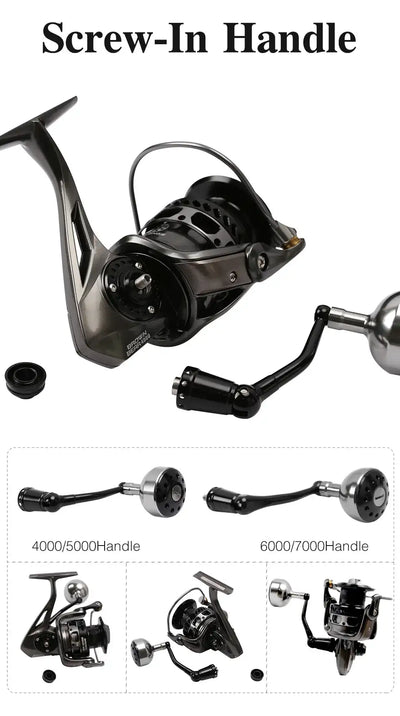 Black spinning reel with screw-in handle and cross-shaped knob accents