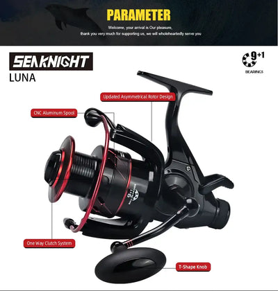 SeaKnight LUNA spinning reel with black T-shaped knob and red control accents