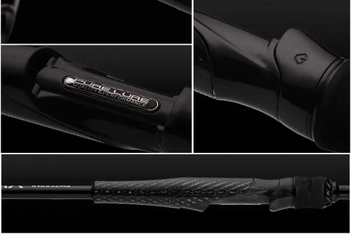 Black reel seat section with oval embossed label on fishing rod