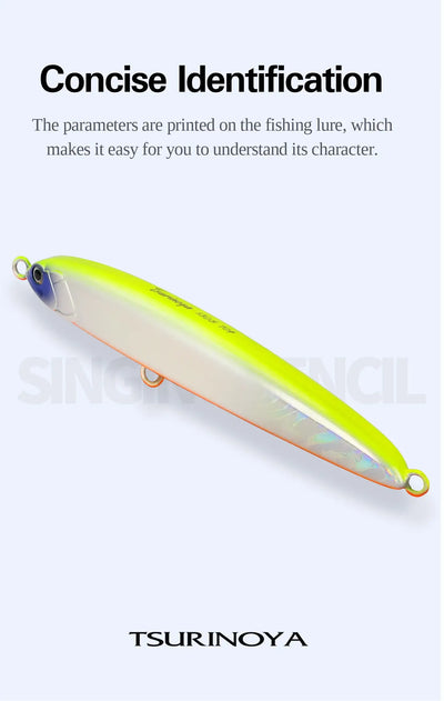 Lime green sinking pencil fishing lure with orange stripe and treble hook