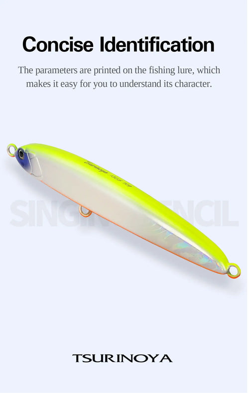 Lime green sinking pencil fishing lure with orange stripe and treble hook
