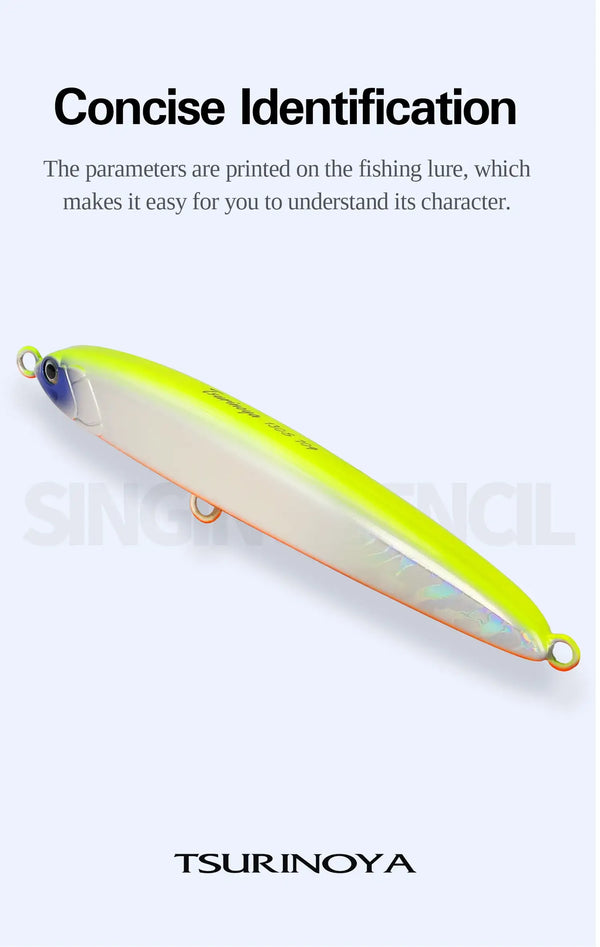 Lime green sinking pencil fishing lure with orange stripe and treble hook