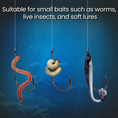 Double-barbed baitholder hooks with worm, grub, and soft lure bait examples
