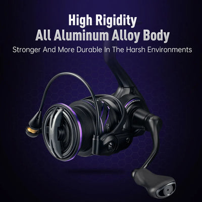 Black spinning reel with large spool and purple trim ring, front three-quarter view