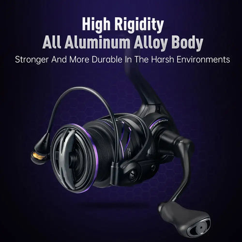 Black spinning reel with large spool and purple trim ring, front three-quarter view