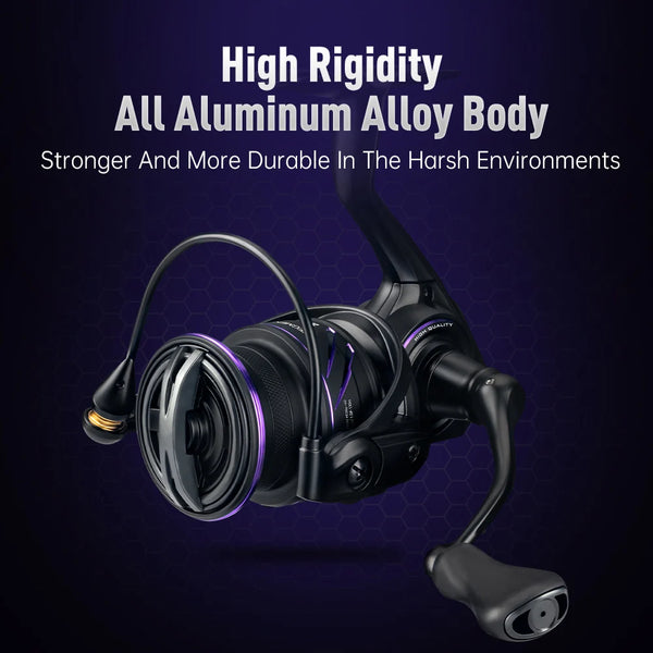 Black spinning reel with large spool and purple trim ring, front three-quarter view