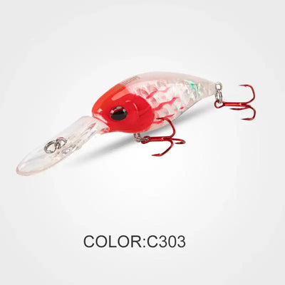 Floating minnow crankbait, red head with white belly, clear tail, and red treble hooks