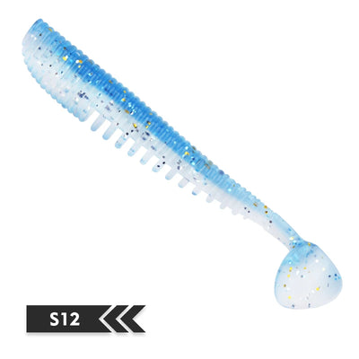 Soft silicone fishing lure, light blue shad with glitter specks (S12).