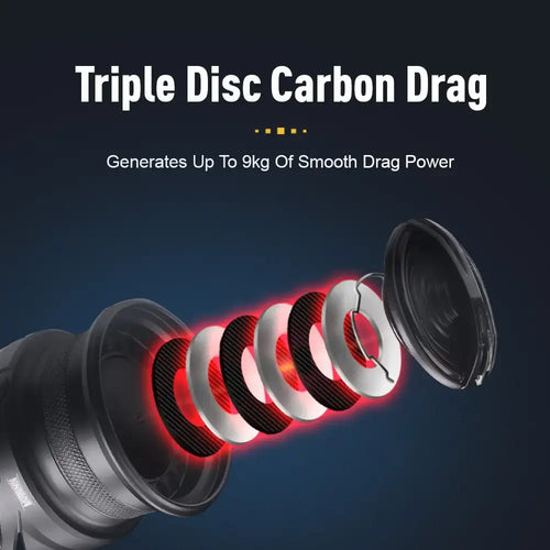 Triple carbon drag disc system shown inside spinning reel spool