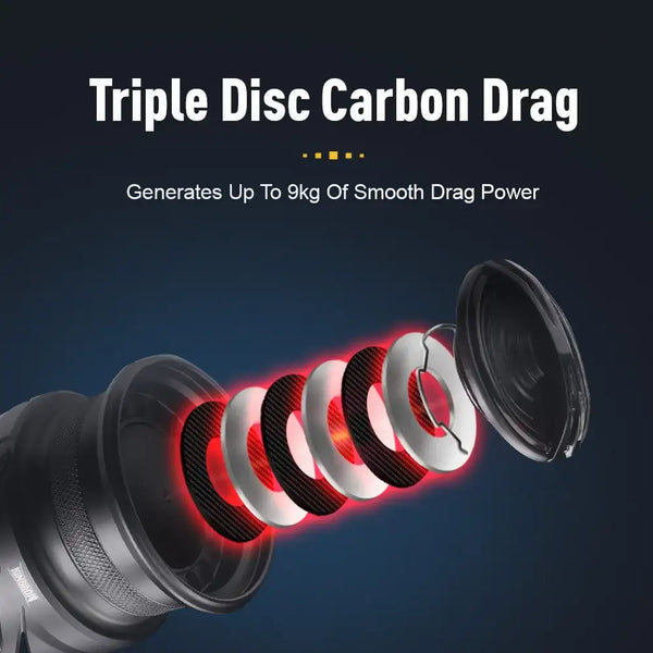 Triple carbon drag disc system shown inside spinning reel spool