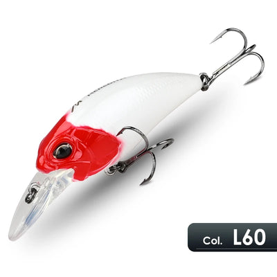 Crankbait lure with red-and-white body, silver lip, and treble hooks.