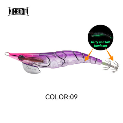 Purple translucent squid jig lure with glowing belly/tail and twin treble hooks