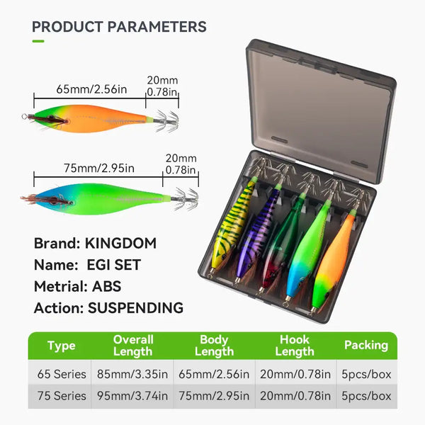 Squid jig lure set of 5 colorful lures in a clear-lid storage box