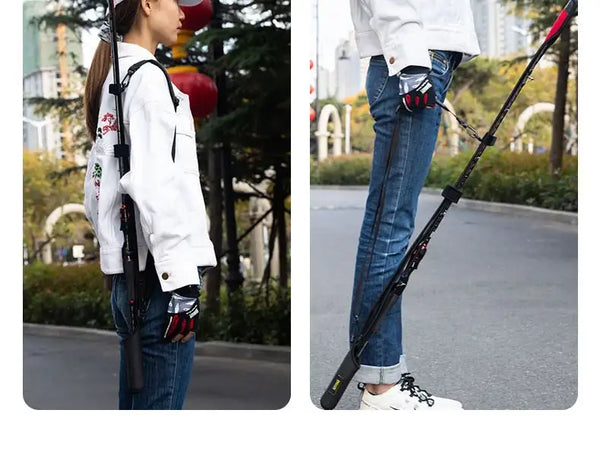 Fishing rod protection carry strap worn on the back with black webbing and orange trim