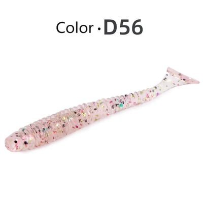 Soft paddle-tail swimbait lure, pinkish with glitter speckles (Color D56).