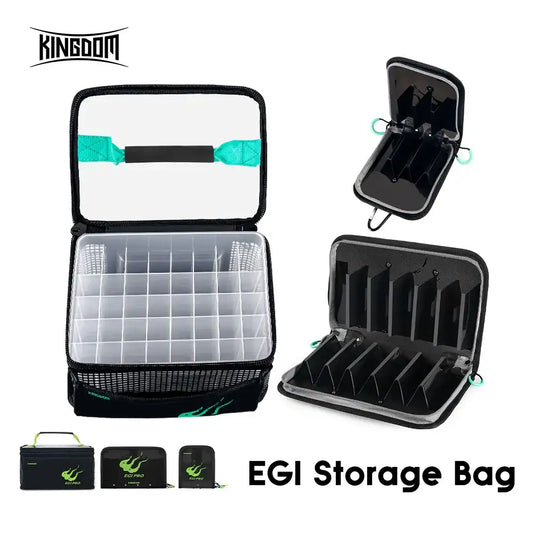 Black EGI storage bag with clear grid insert and green accents, open case view