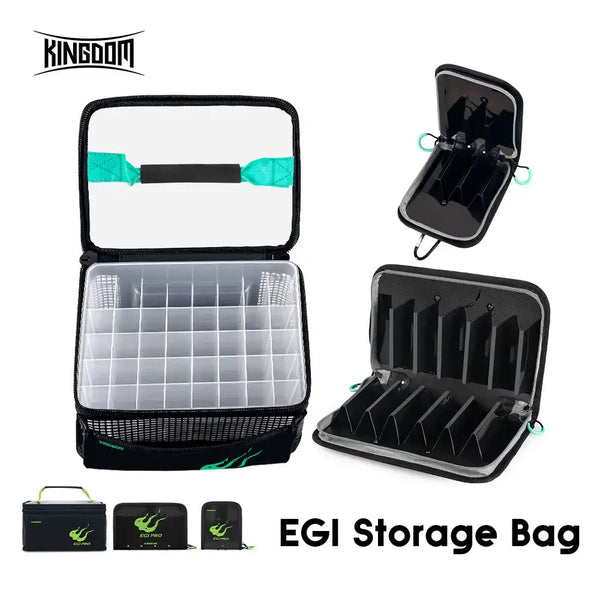 Black EGI storage bag with clear grid insert and green accents, open case view