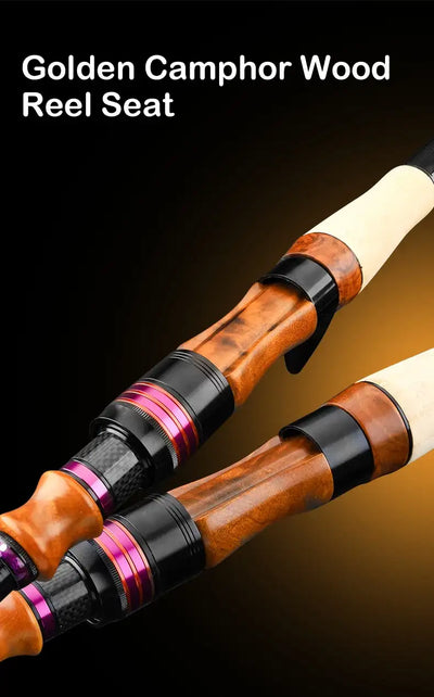 Telescopic fishing rod with golden reel seat wood grip and purple trim