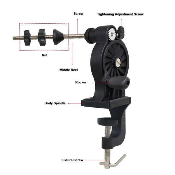 Fishing line winder diagram showing fixture screw, body spindle, and middle reel