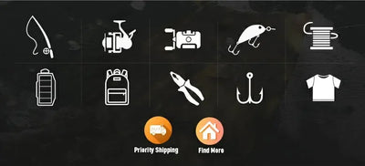 Promotional banner with fishing hook and gear icons