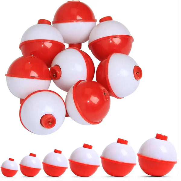 Red and white round fishing bobbers with side eyelet, push-button float set