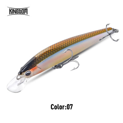 Sinking minnow diving lure with orange-gold scales, dark back, and silver treble hooks