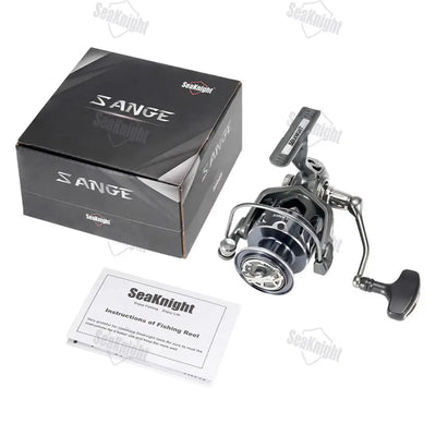 Black and silver SeaKnight SANGE spinning reel with matte handle and CNC aluminum metallic spool for versatile angling