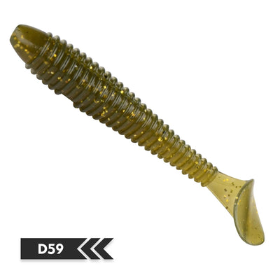 Greenish-olive paddle-tail soft fishing lure with ribbed body and speckled tail.
