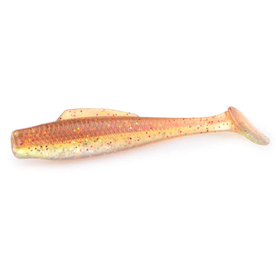 Soft plastic paddle tail minnow lure, orange-gold glitter with speckled body