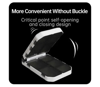 Self-opening lure box with white frame and hinged lid, closed compartments shown