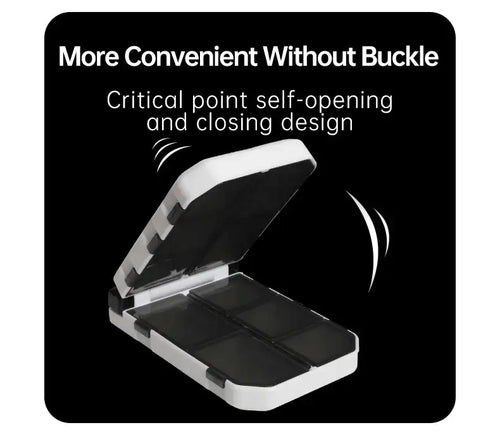 Self-opening lure box with white frame and hinged lid, closed compartments shown