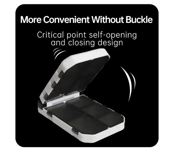 Self-opening lure box with white frame and hinged lid, closed compartments shown