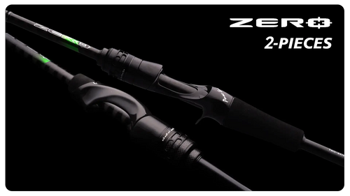 Two-piece black fishing rod with grip, reel seat, and guide line sections