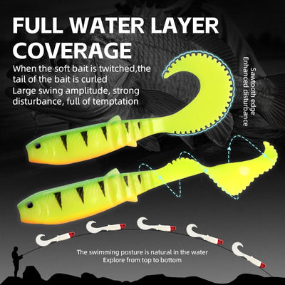 Soft swimbait lure with curled tail, bright chartreuse body and black dorsal accents.